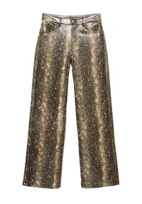Pantaloni a gamba larga con motivo rettile marrone e beige, tasche frontali e chiusura con bottone.