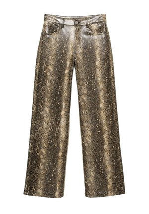 Pantaloni a gamba larga con motivo rettile marrone e beige, tasche frontali e chiusura con bottone.