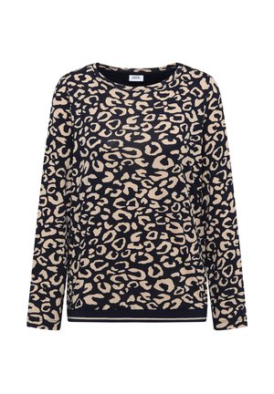Top negro de manga larga con estampado de leopardo beige, escote redondo y dobladillo ajustado.