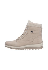 Botas de tobillo de ante beige con un suave puño de lana, que cuentan con un diseño de cordones, ojales de metal y una suela de goma texturizada.