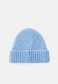 Light blue wool beanie with a rounded crown and ribbed cuff, featuring a soft textured finish and understated design.