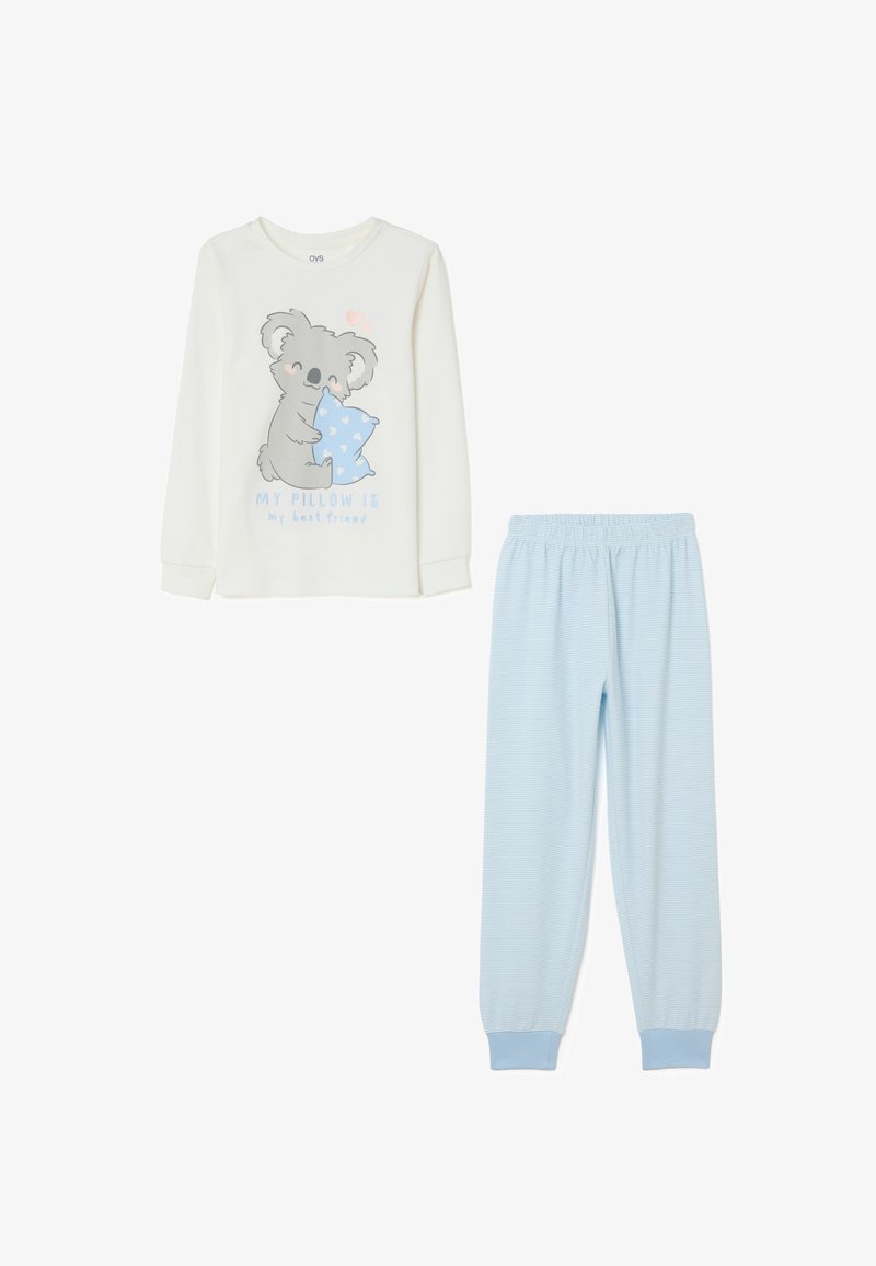 Langärmliges, weißes Schlafanzugoberteil mit Koala-Grafik und Text; hellblaue Schlafanzughosen mit feinen Streifen und elastischem Bund.