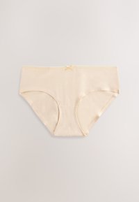 Jasnobeżowe bawełniane majtki o miękkiej fakturze, z małą satynową kokardką na środku z przodu oraz gładką elastyczną gumką w pasie.