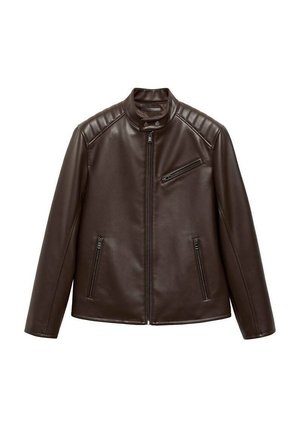 Braune Lederjacke mit Reißverschluss vorne, hohem Kragen und zwei Seitentaschen. Texturierte Schulterpaneele mit einem eleganten Design.