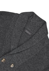 Szary dziany kardigan z kołnierzem szalowym, z dwoma brązowymi guzikami i metką z napisem "BORGIO". Miękka tekstura z prążkowanymi detalami.