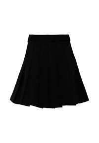 Gonna nera plissettata con vita aderente, realizzata in tessuto tessuto. Presenta una forma svasata e una texture liscia. Nessun motivo o accento visibile.