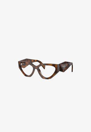 Occhiali da sole a gatta tartarugati con montatura spessa e strutturata, design angolare e evidenti dettagli sulle aste con il logo "Prada".