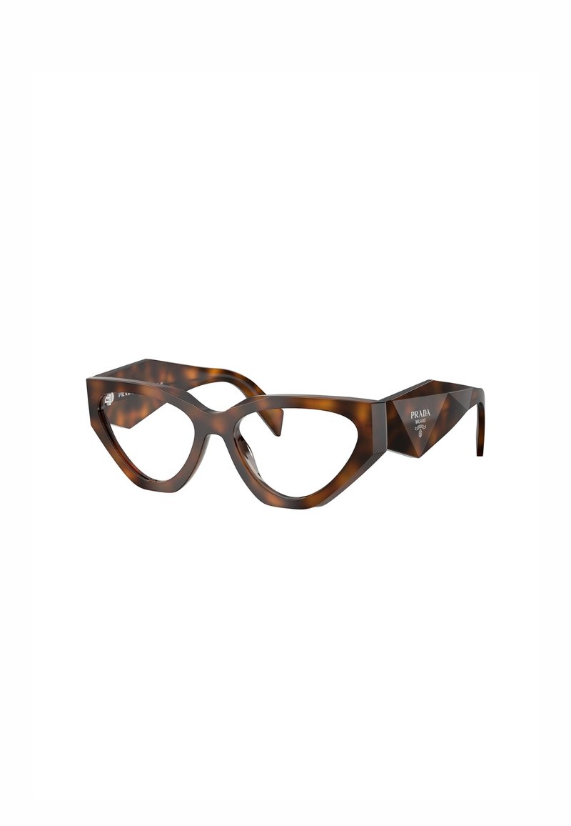Occhiali da sole a gatta tartarugati con montatura spessa e strutturata, design angolare e evidenti dettagli sulle aste con il logo "Prada".
