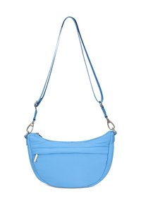 Borsa a spalla in nylon blu, forma curva, scomparto principale con zip, tasca frontale piatta, tracolla regolabile e dettagli in metallo argentato.