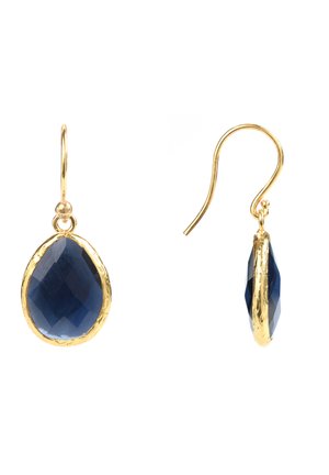 Gold-tone earrings featuring a teardrop-shaped blue gemstone with a faceted surface and textured bezel setting.