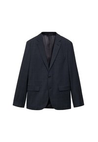 Dark blue checked blazer with a single button, notched lapels, two front pockets, and a smooth inner lining. Classic fit design.
