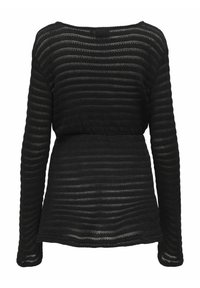 Haut noir à manches longues en tissu texturé et transparent. Présente des rayures horizontales et une coupe décontractée avec un col bateau.