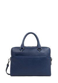 Borsa da lavoro in pelle blu navy con doppie maniglie superiori, tracolla rimovibile, superficie liscia, finiture lucide e tasca frontale a scomparsa.