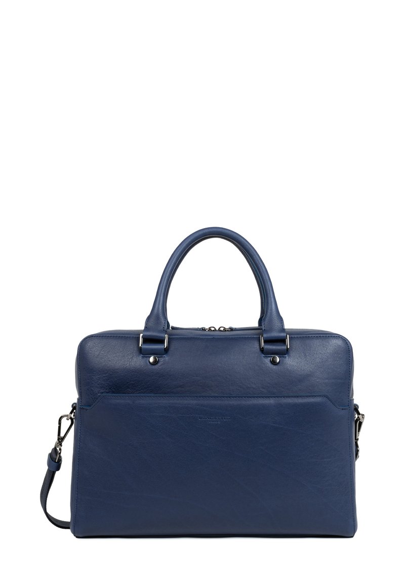Borsa da lavoro in pelle blu navy con doppie maniglie superiori, tracolla rimovibile, superficie liscia, finiture lucide e tasca frontale a scomparsa.