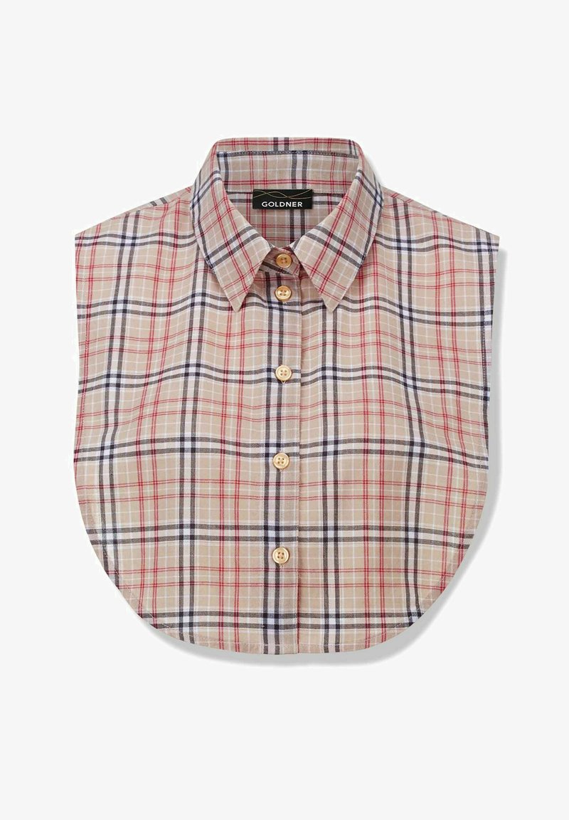 Mouwloos geruit shirt in beige, rood en blauw met een knoopsluiting aan de voorkant, kraag en ronde zoom. Heeft houten knopen en een gestructureerde stof.