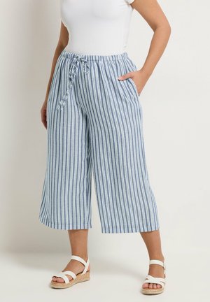 Kobieta w niebiesko-białych szerokich, luźnych spodniach z pionowymi paskami, ściągaczem w talii i białych sandałach, stojąca z jedną ręką w kieszeni.