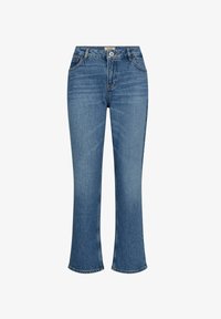 Vaqueros azules de denim con piernas rectas, botones y cremallera delanteros, trabillas para cinturón y bolsillos delanteros y traseros.