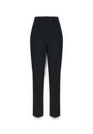 Schwarze, maßgeschneiderte Hose mit geradem Bein, gefertigt aus glattem Stoff, mit einer vorderen Knopfleiste und dezenten Seitentaschen.