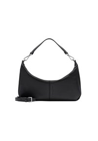 Schwarze Lederhandtasche mit geschwungenem Design, ausgestattet mit einem abnehmbaren Schulterriemen und silbernen Hardware-Details. Glatte Oberfläche mit einem dezenten Logo.