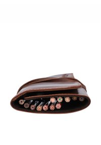 Brown leather pencil case rolled closed, showing the ends of multiple colored pencils inside on a white background.