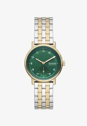 Reloj de pulsera metálico bicolor plateado y dorado con esfera verde, agujas de hora y minuto doradas, pequeño subesfera de segundos y logotipo de "Skagen Denmark".