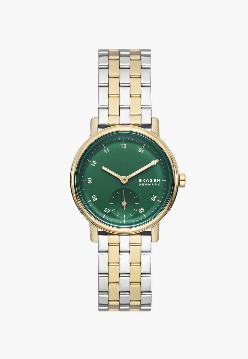 Montre-bracelet en métal bicolore argent et or avec cadran vert, aiguilles des heures et des minutes en or, petit cadran des secondes et logo "Skagen Denmark".