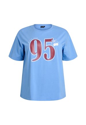 Light blue cotton t-shirt featuring a large maroon "95" graphic, white cherries, and "Since 1995" text, with short sleeves and a relaxed fit.
