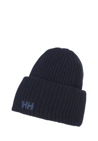 Gorro de punto navy con textura de canalé y con vuelta. Presenta un sutil logo bordado en azul claro.