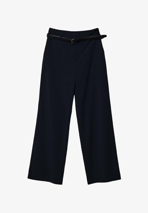Kalhoty s širokými nohavicemi vyrobené z tmavé látky s jemnými svislými pruhy. Obsahují pásek a tradiční pas. Klasický a strukturovaný design.