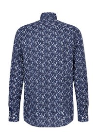 Langarmhemd aus marineblauem Stoff mit floralem Muster in Blau und Weiß. Verfügt über einen Kragen und geknöpfte Manschetten.