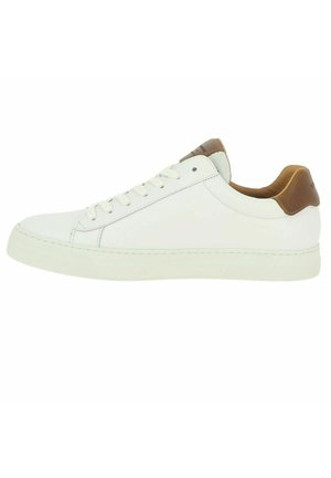 White leather sneaker with a smooth texture and rounded toe. Brown leather accents at the heel. Traditional lace-up design. Rubber sole.