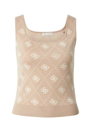 Haut beige sans manches en maille avec un décolleté carré, présentant un motif de losanges blancs et des petits motifs floraux blancs répétés.