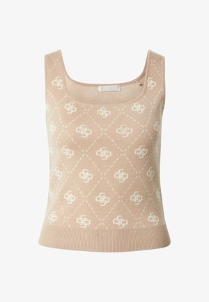 Haut beige sans manches en maille avec un décolleté carré, présentant un motif de losanges blancs et des petits motifs floraux blancs répétés.