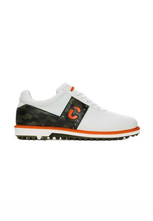 White perforated golf shoes featuring a black camo accent, orange trim, and a textured sole for grip. Laces are white and simple.