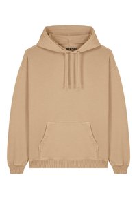Felpa beige in cotone con tasca frontale a marsupio, polsini e orlo a costine, cappuccio regolabile con cordino e vestibilità rilassata.