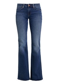 Mörkblå denimjeans med något utsvängd benform, femficksstil, knapp- och dragkedjestängning i midjan.