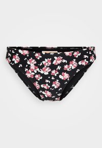 Svarte bikiniunderdeler med blomsterprint i rosa og hvite blomster. Laget av stretchy stoff, har den en glatt tekstur og en tett passform.