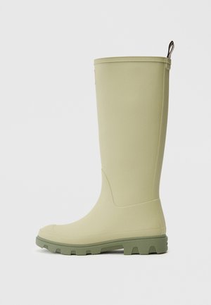 Botte de pluie en caoutchouc vert clair, design montante jusqu'au genou, semelle texturée avec adhérence, languette à l'arrière, finition lisse. Forme simple et fonctionnelle.