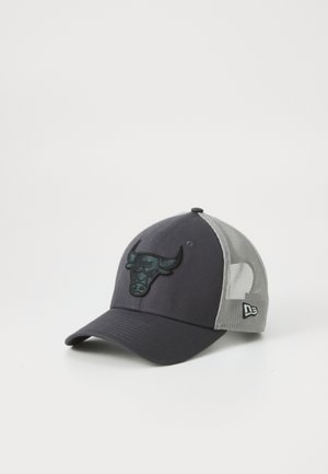 Gray and black cap with a mesh back. Features a prominent embroidered bull logo in green and black on the front. Curved visor design.