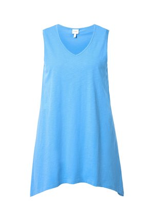 Helles blaues, ärmelloses Top mit V-Ausschnitt, aus weichem Stoff gefertigt, mit lässiger Passform und leicht geschwungenem Saum. Keine Muster oder Hardware.