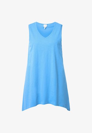 Helles blaues, ärmelloses Top mit V-Ausschnitt, aus weichem Stoff gefertigt, mit lässiger Passform und leicht geschwungenem Saum. Keine Muster oder Hardware.