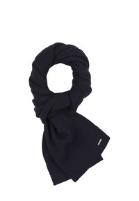 Knitted dark navy scarf, featuring a textured pattern, twisted design, and flat ends with a small brand tag. Soft material composition.