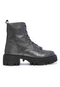 Gray leather ankle boot with a textured finish, round toe, lace-up front, and chunky rubber sole with a serrated edge.