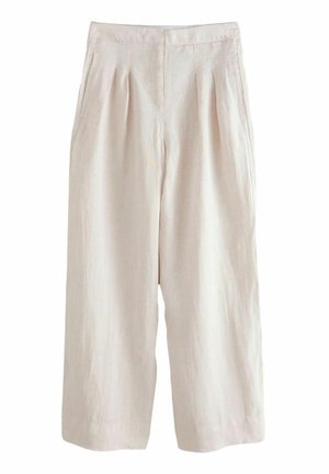 Beżowe lniane spodnie o szerokich nogawkach z plisami z przodu i bocznymi kieszeniami, z wysokim stanem, płaskim pasem i luźnym krojem.