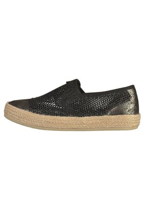 Black slip-on shoe with woven mesh upper and braided jute sole, featuring elastic side panels for easy wear.