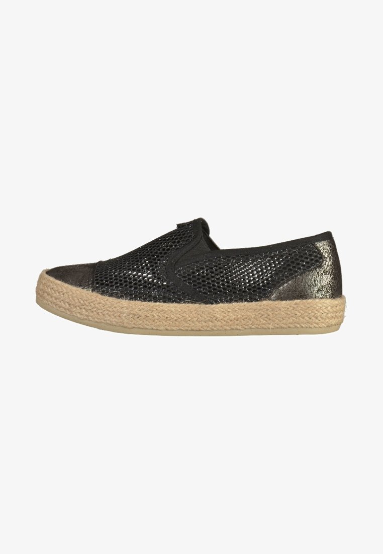 Chaussure noire à enfiler avec empeigne en maille tissée et semelle en jute tressé, dotée de panneaux élastiques latéraux pour un enfilage facile.