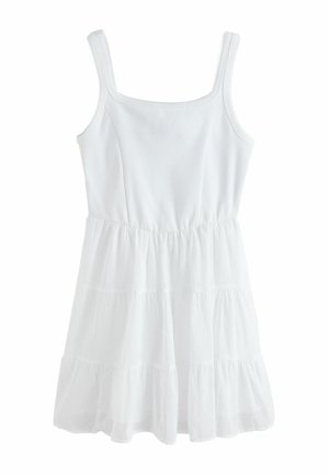 Weißes ärmelloses Sommerkleid mit quadratischem Ausschnitt, tailliertem, geripptem Oberteil, elastischem Bund und mehrlagigen Rockbahnen.