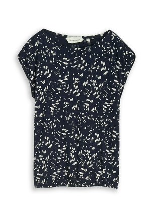 Navy blue short-sleeve blouse with white abstract speckled pattern and round neckline, made of organic cotton.