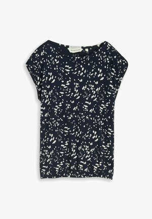 Navy blue short-sleeve blouse with white abstract speckled pattern and round neckline, made of organic cotton.