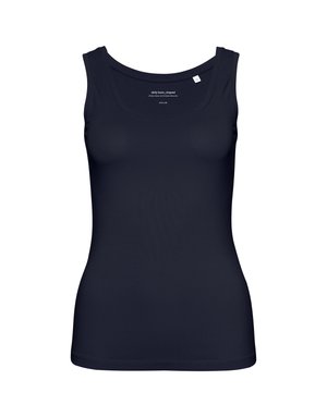 Débardeur bleu marine en tissu lisse. Doté de bretelles larges et d'un décolleté arrondi. Aucune motif ni détail matériel notable.